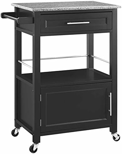 Pine Wood Granite Top Rolling Kitchen Island Cart in Black K643846