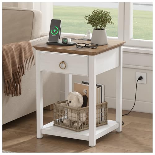 White Solid Wood Square End Table with Drawer V562