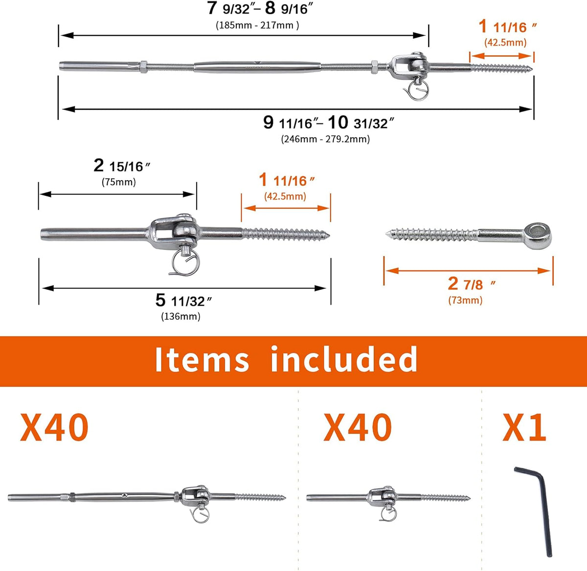 40 Set Cable Railing Kit 1/8 T316 Stainless Steel Turnbuckle Hardware G708907