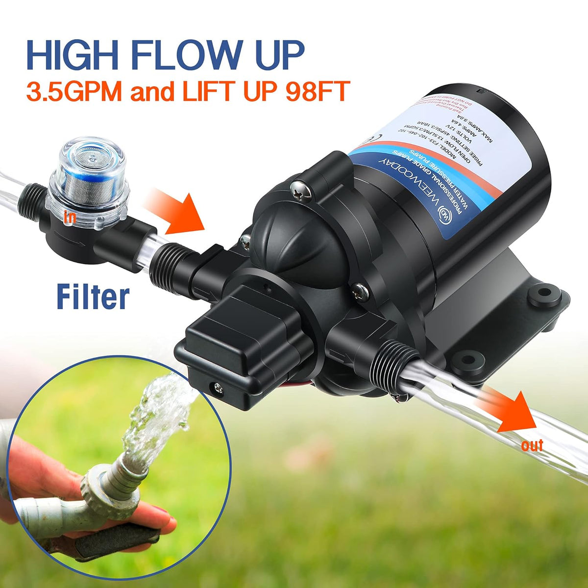 12V Diaphragm Water Pump with Pressure Switch 3.5 GPM 45 PSI N868