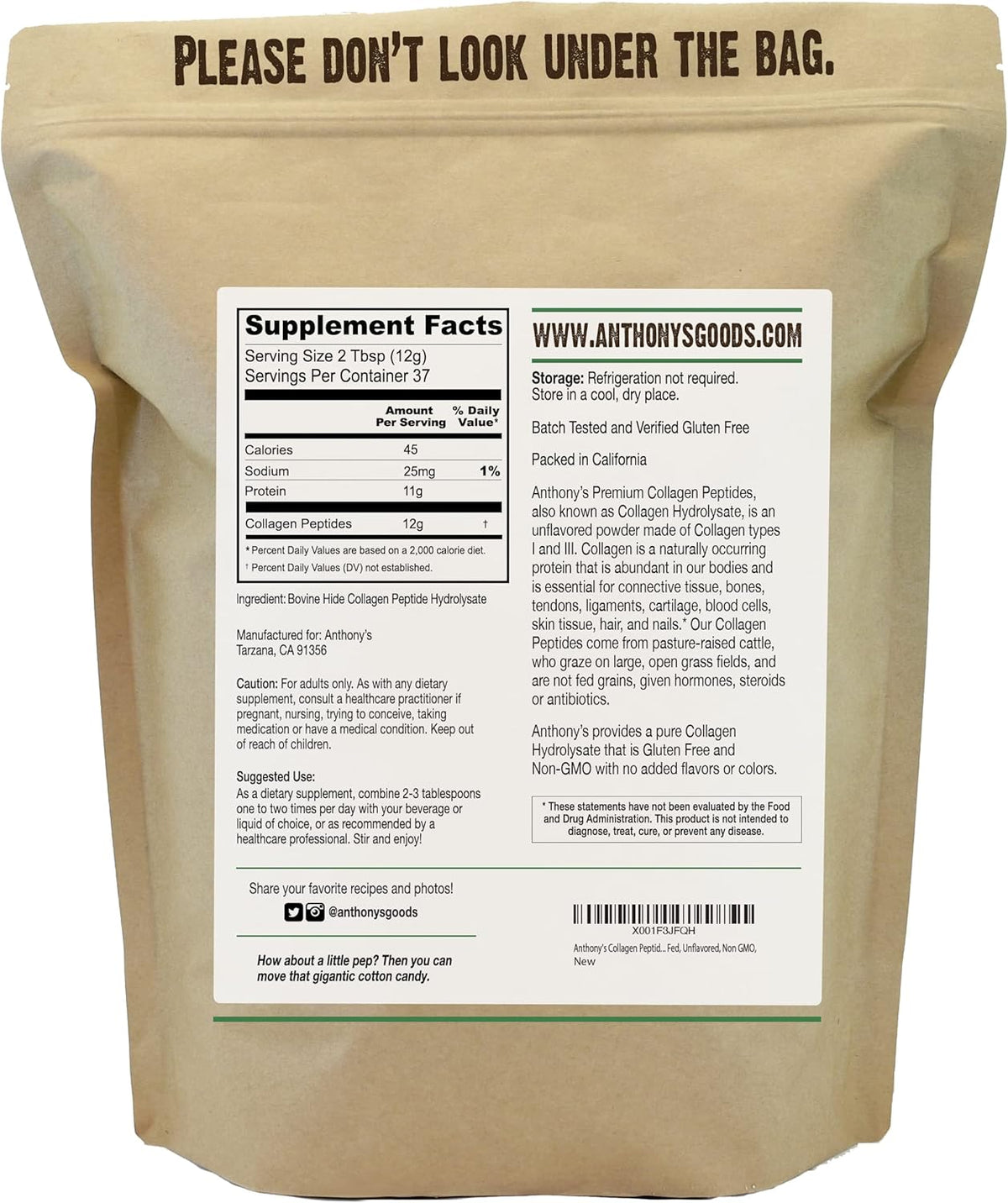 Collagen Peptide Powder, 1 lb, Unflavored J814456
