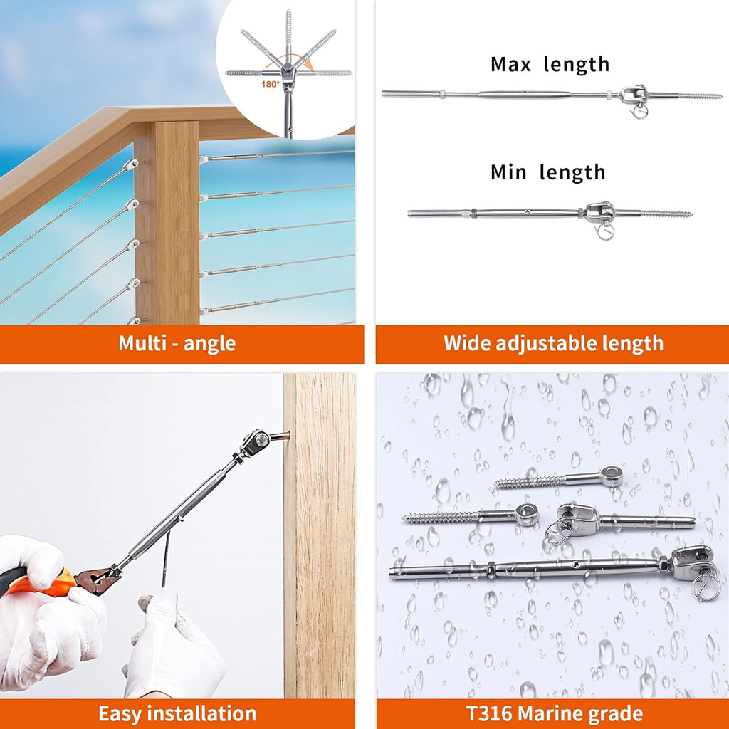 40 Set Cable Railing Kit 1/8 T316 Stainless Steel Turnbuckle Hardware G708907