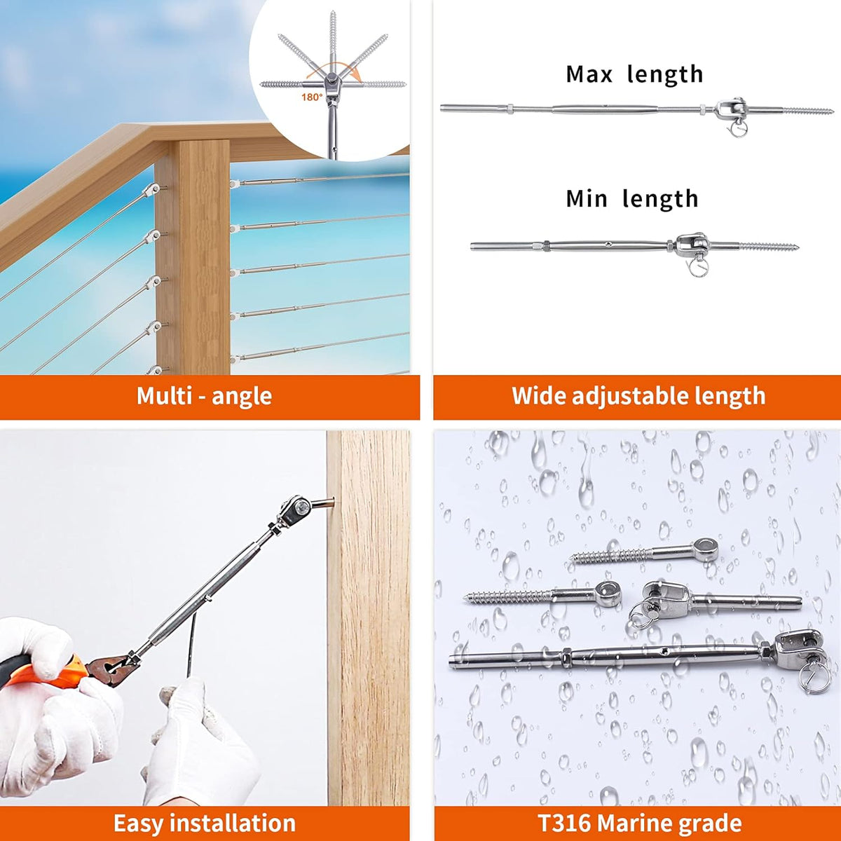 40 Set Cable Railing Kit 1/8 T316 Stainless Steel Turnbuckle Hardware G708907