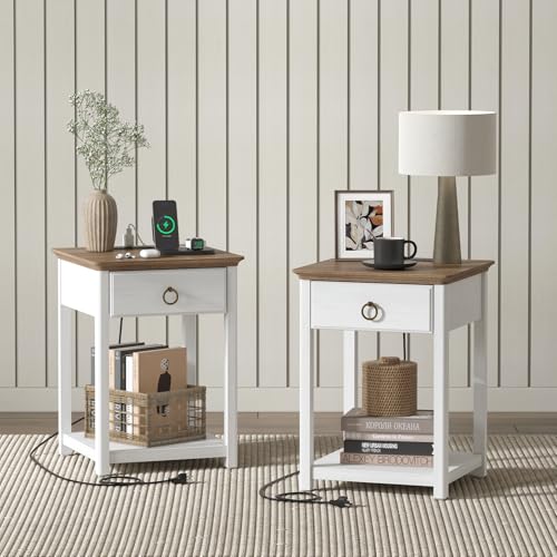 White Solid Wood Square End Table with Drawer V562