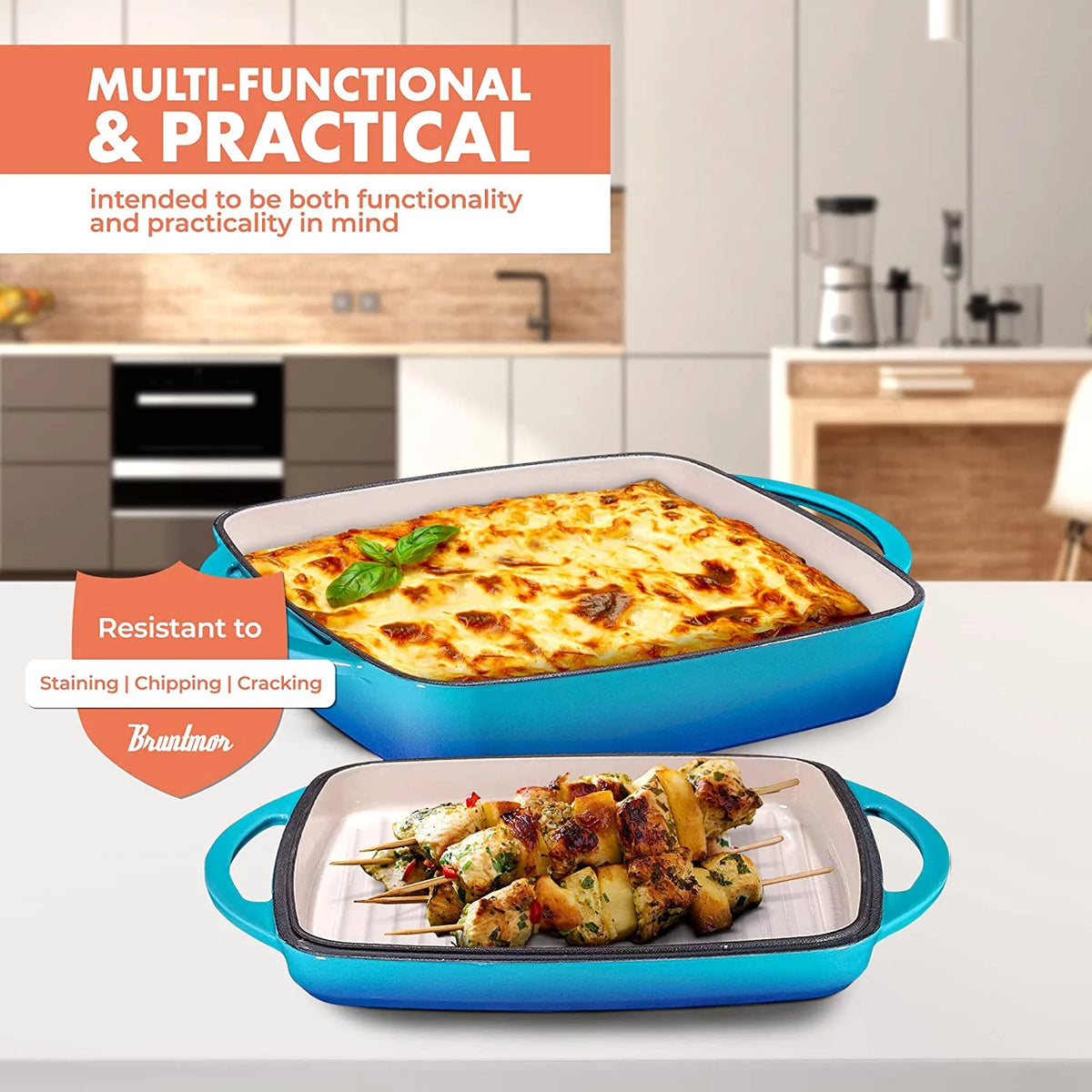 2 in 1 Enameled Square Cast Iron Baking Pan With Grill U425