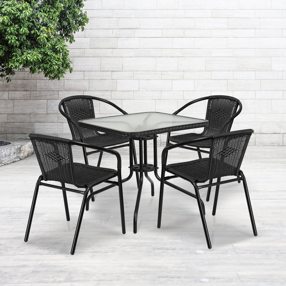28'' Square Glass Metal Table with Black Rattan Edging F150