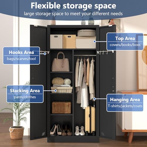 Metal Storage Cabinet with 2 Doors & 2 Drawers and Hanging Rod J94009