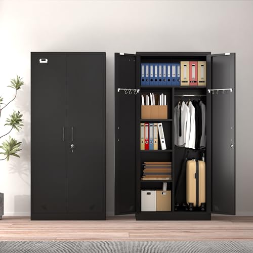 Metal Storage Cabinet with 2 Doors & 2 Drawers and Hanging Rod J94009
