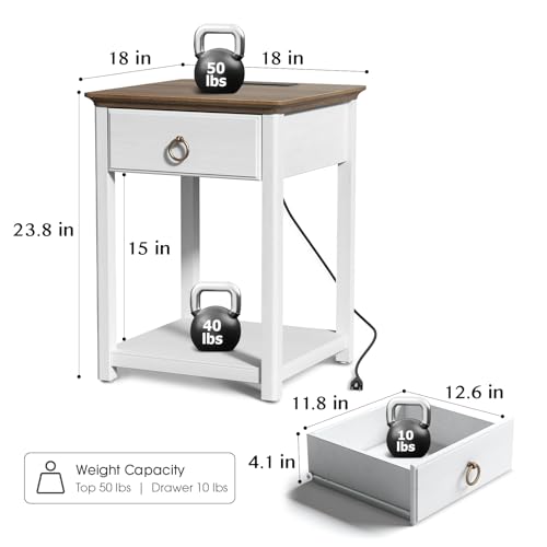 White Solid Wood Square End Table with Drawer V562