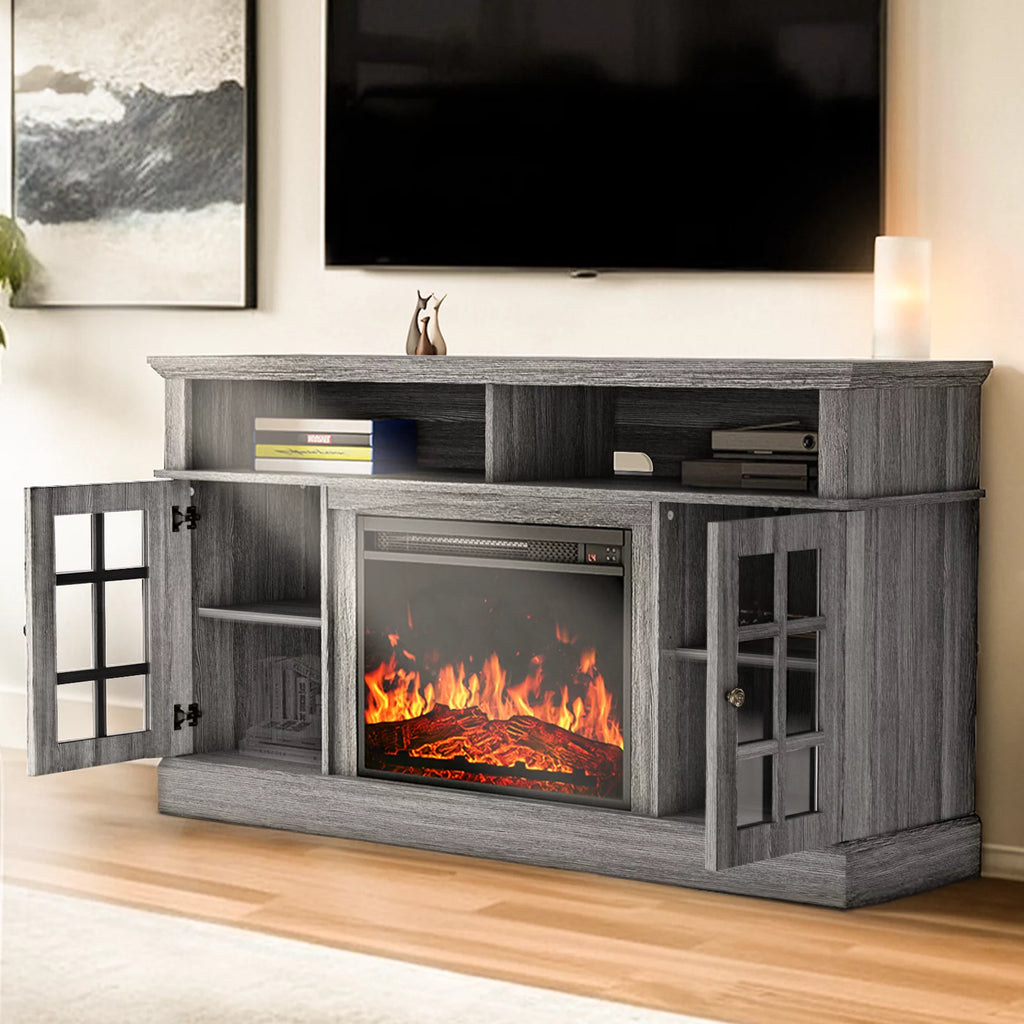 1400W Electric Fireplace TV Stand with Adjustable Shelves, Grey P342