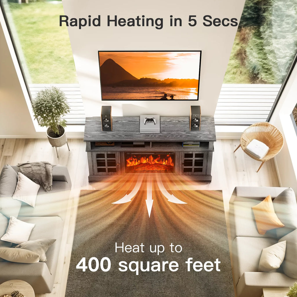 1400W Electric Fireplace TV Stand with Adjustable Shelves, Grey P342