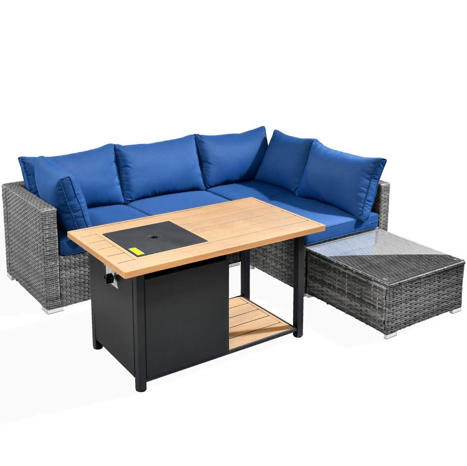 Navy Blue 6 Piece Outdoor Patio Sectional Sofa with Fire Pit Table and Coffee Table T285