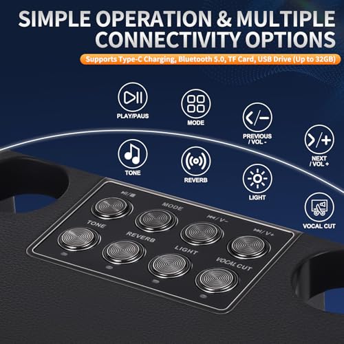 Black Portable Bluetooth Karaoke Machine with 6 Sound Effects and 4 Party Lights V96841
