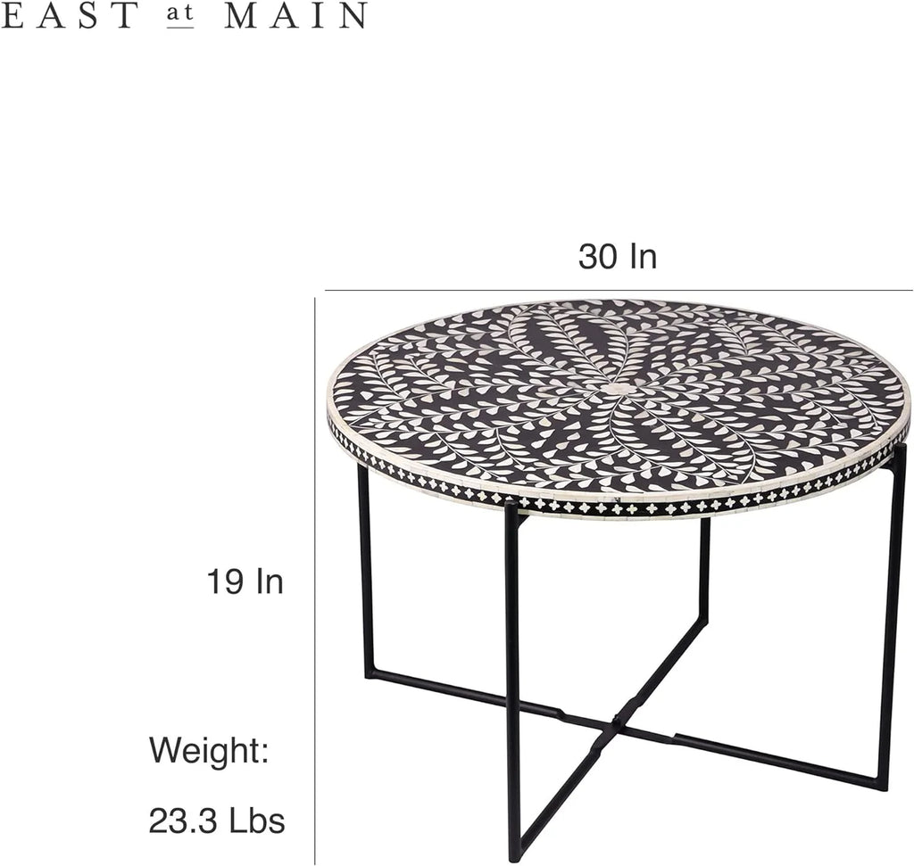 Round Coffee Table 30”W X 19”H Wooden Floral Top Metal Legs Black P2876