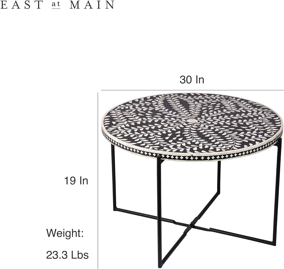 Round Coffee Table 30”W X 19”H Wooden Floral Top Metal Legs Black P2876