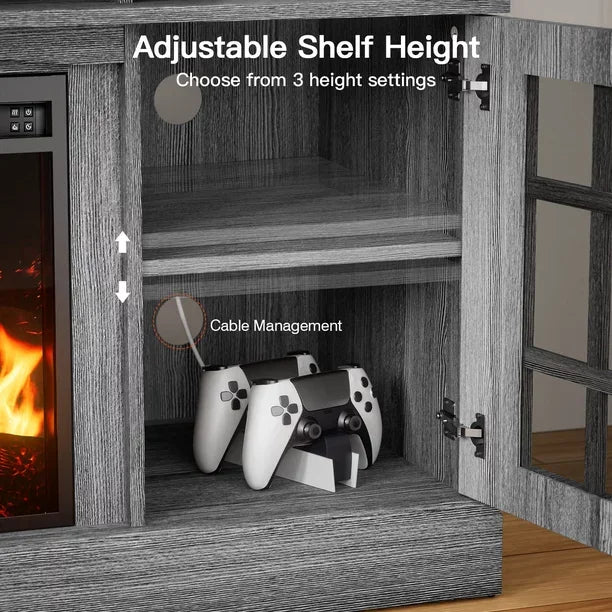 1400W Electric Fireplace TV Stand with Adjustable Shelves, Grey P342