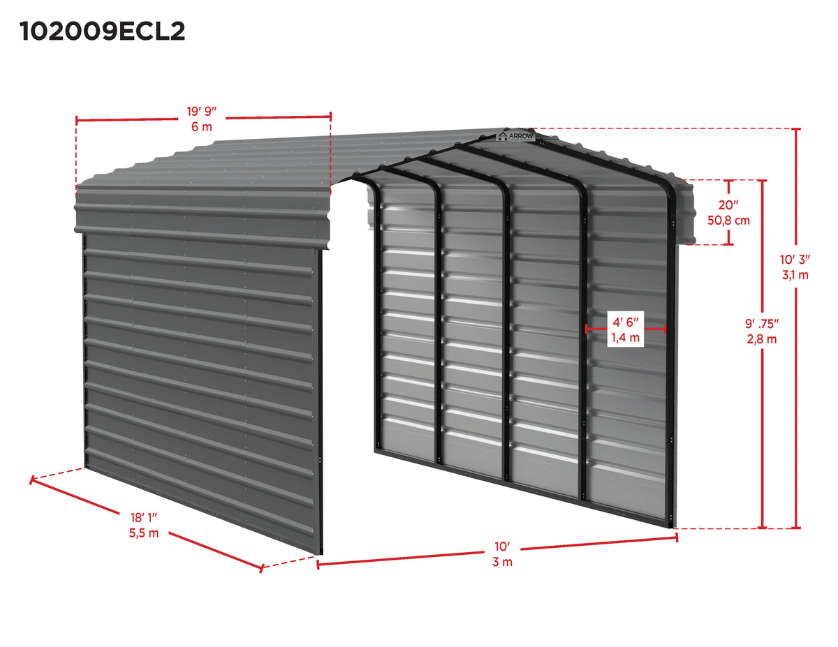 Galvanized Steel Carport Kit, 10' x 20' x 9' S654