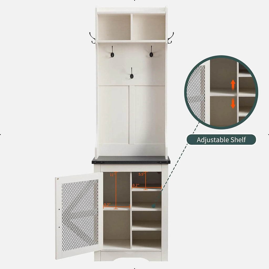 White Hall Tree with Coat Rack and Shoe Storage Bench I628