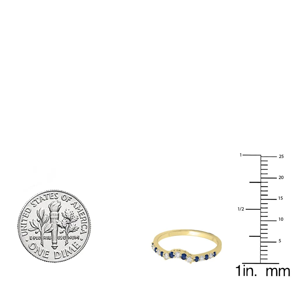 14K Yellow Gold Blue Sapphire White Diamond Contour Wedding Band T738
