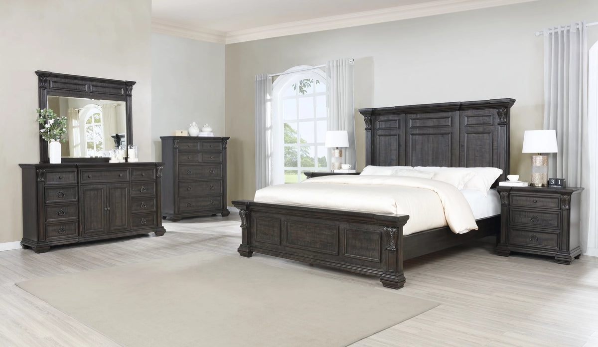 Dark Walnut Wood Panel Queen Bed Dresser Mirror Nightstand Chest L4366