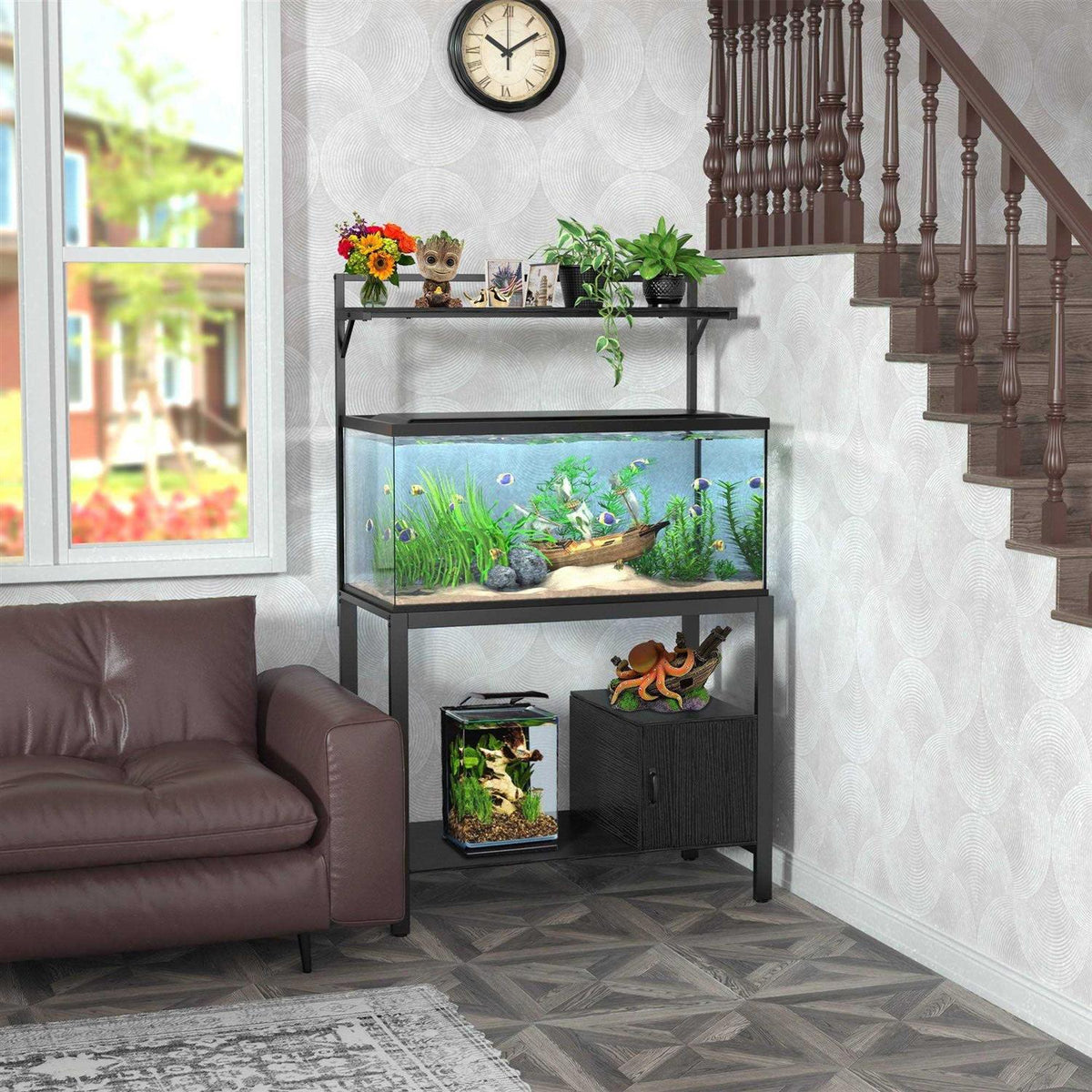 40-50 Gallon Fish Tank Stand with Plant Shelf Metal Aquarium Stand with Cubby Storage M7380