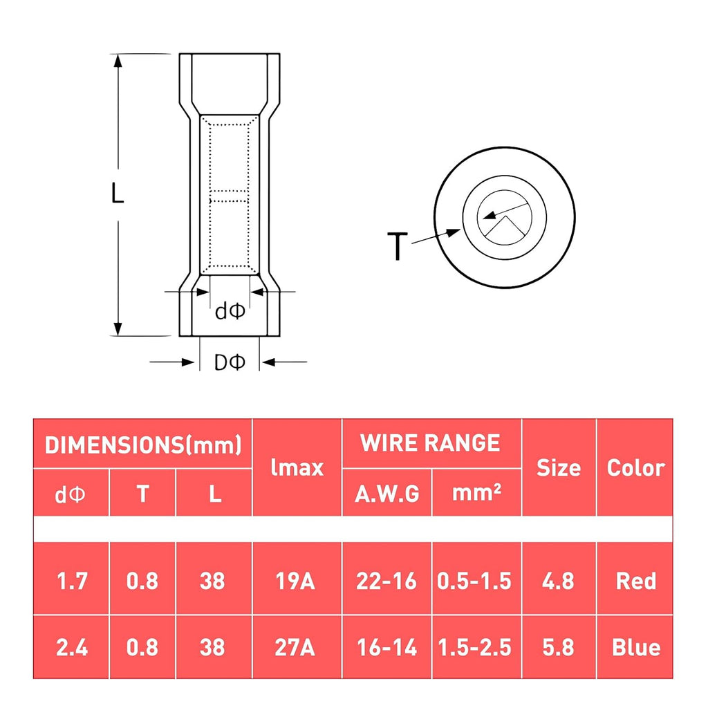 500PCS Butt Connectors Heat Shrink, 22-16 AWG Waterproof Tinned Copper Insulated Crimp Terminals B619
