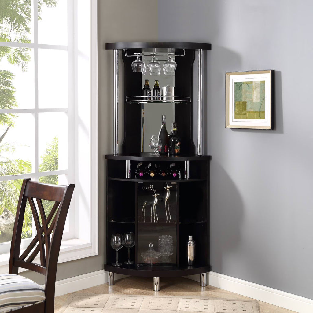 Black Corner Bar with Built-in Wine Rack and Lower Cabinet L9439