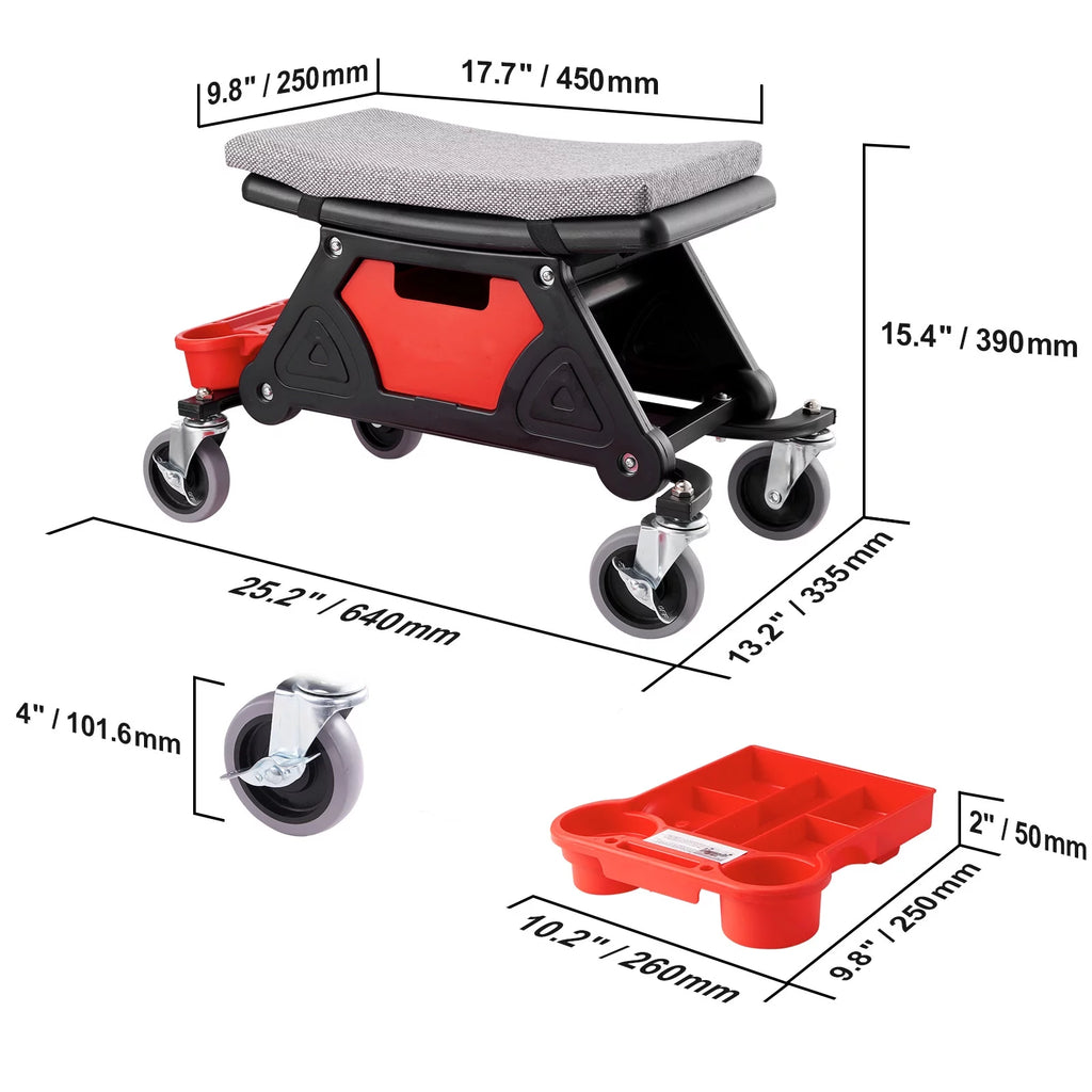 300 lbs Capacity Rolling Mechanic Seat with 4" Wheels and Tool Trays W88172