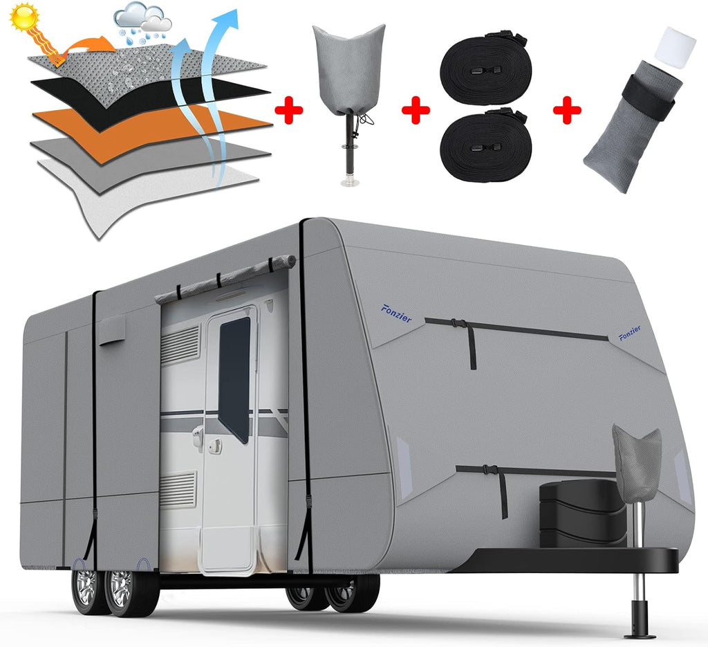 5 Layers Travel Trailer RV Cover Heavy Duty Camper Cover Anti-UV, Rip-Stop, Breathable with Tongue Jack Cover, 2Pcs Straps & Gutter Covers H974