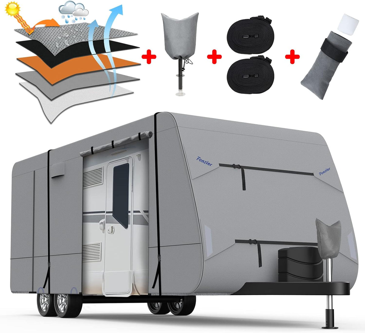 5 Layers Travel Trailer RV Cover Heavy Duty Camper Cover Anti-UV, Rip-Stop, Breathable with Tongue Jack Cover, 2Pcs Straps & Gutter Covers H974