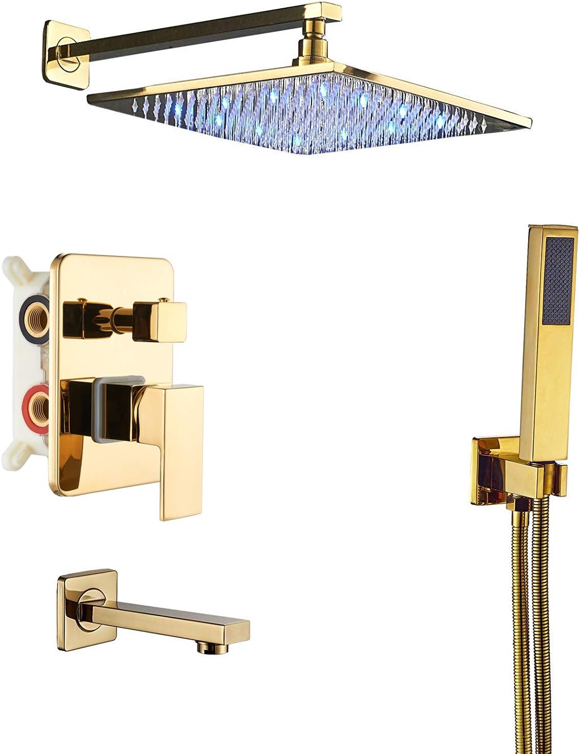 Black 3-way Mixer LED Color 12" Top Rain Shower Tub Spout Tap with Handheld Spray C721