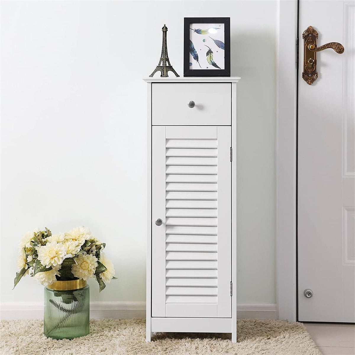 White Wood Finish Bathroom Floor Cabinet with Drawer I65288
