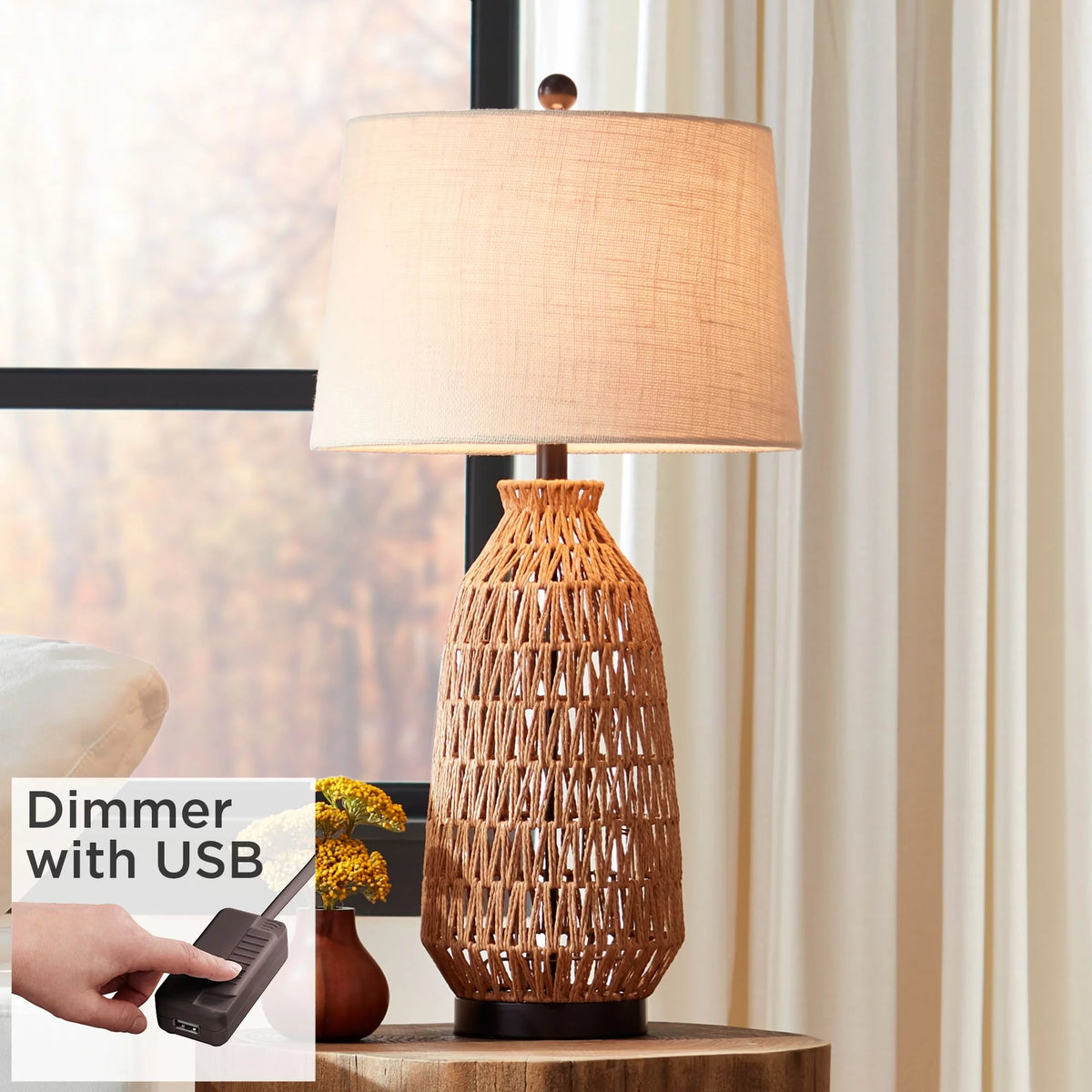 29" Tall Natural Rattan Wicker Table Lamp with Oatmeal Fabric Shade F141096