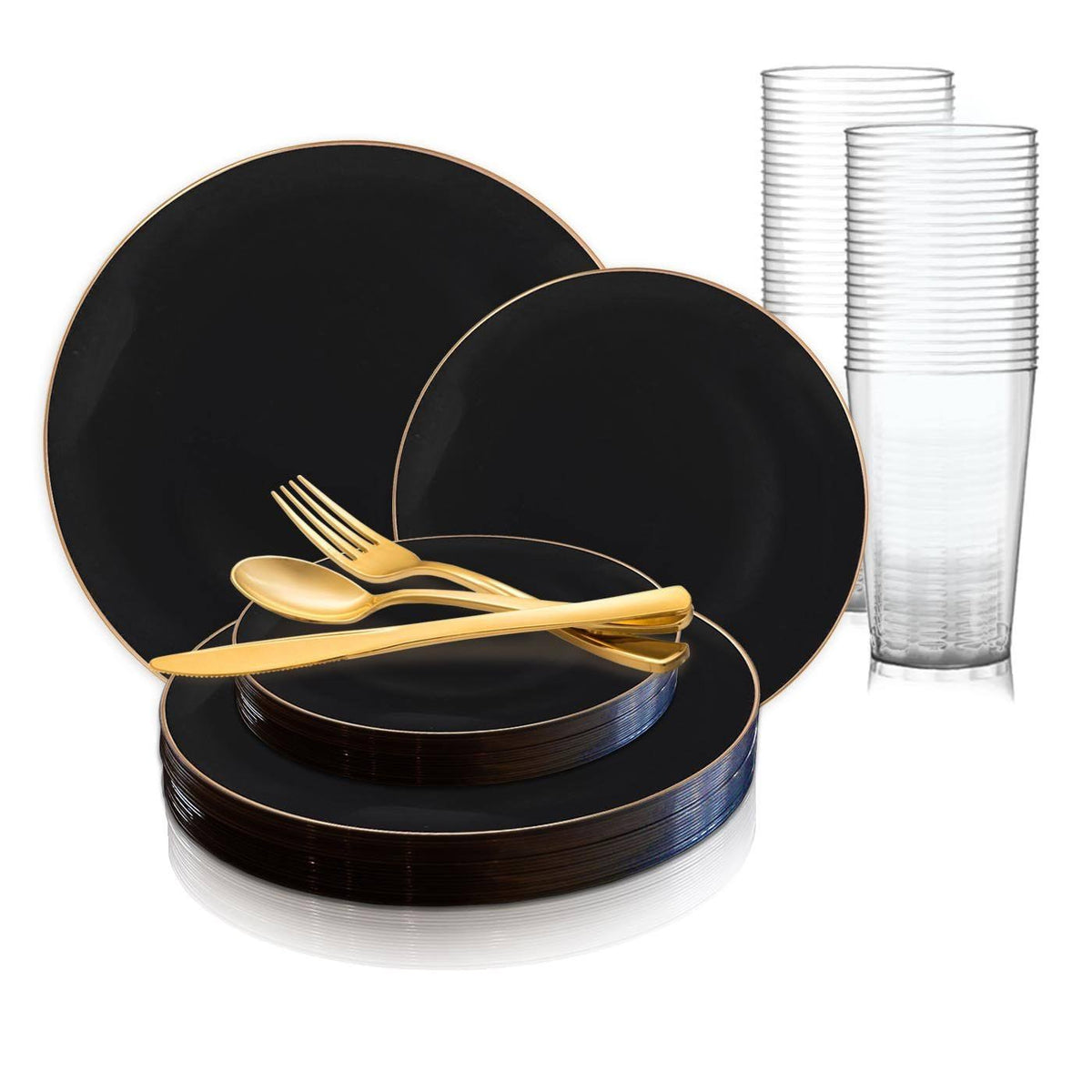 120 Settings Black with Gold Rim Round Disposable Plastic Wedding Value Set G285669