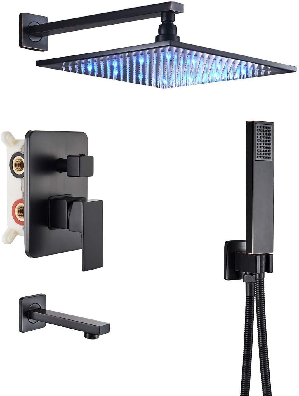 Black 3-way Mixer LED Color 12" Top Rain Shower Tub Spout Tap with Handheld Spray C721