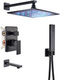 Black 3-way Mixer LED Color 12" Top Rain Shower Tub Spout Tap with Handheld Spray C721