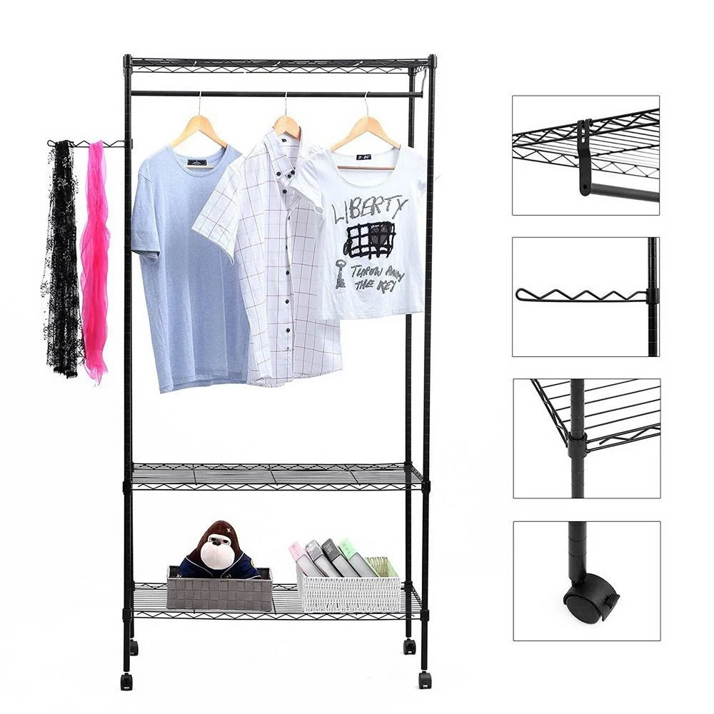 3-Tier Heavy Duty Wire Garment Rack with Wheels F6824