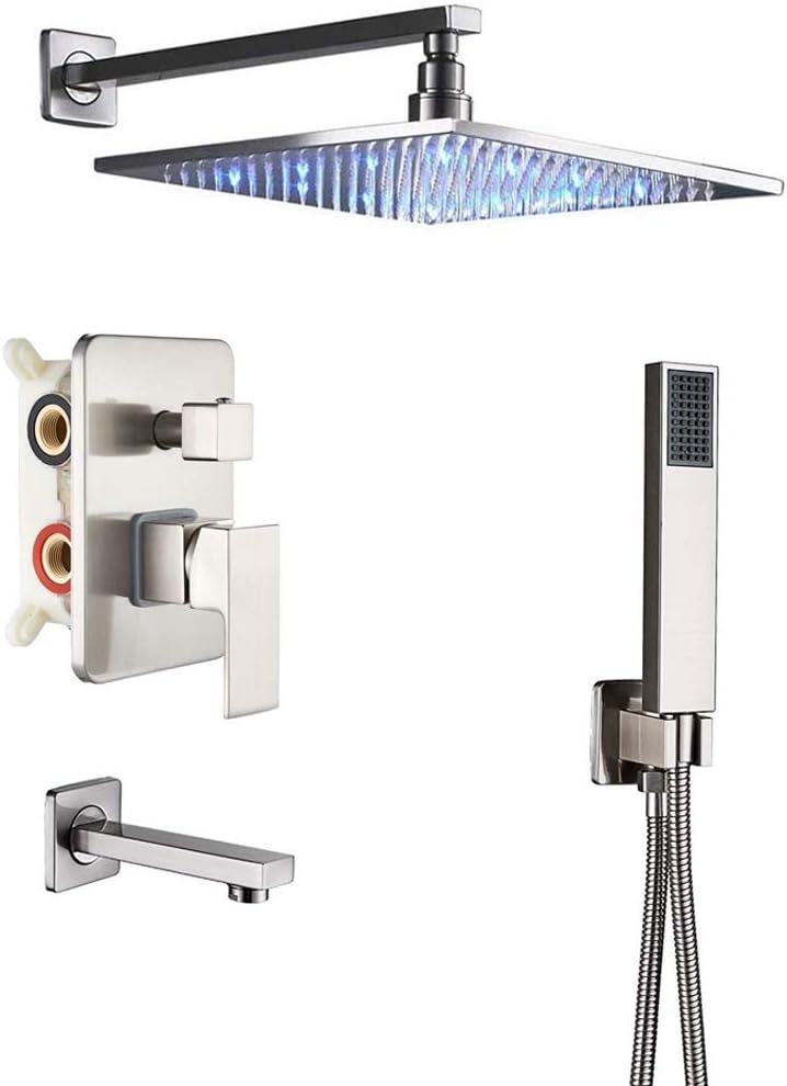 Black 3-way Mixer LED Color 12" Top Rain Shower Tub Spout Tap with Handheld Spray C721