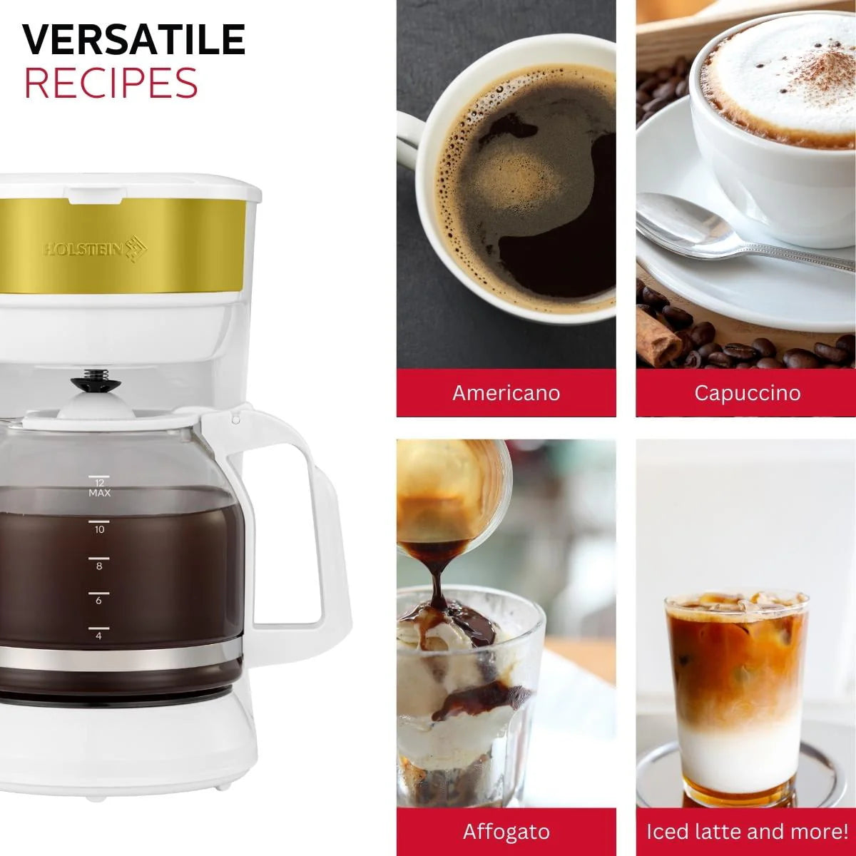 12-Cup Drip Coffee Maker with Permanent Filter, White and Gold M62902