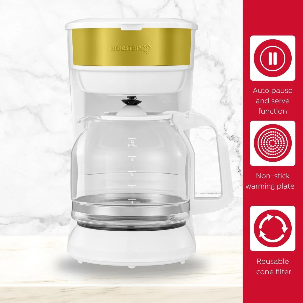 12-Cup Drip Coffee Maker with Permanent Filter, White and Gold M62902