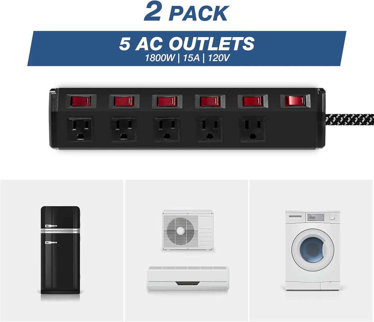 2 Pack 6 Ft 5 Outlets 15A Metal Power Strip R4131