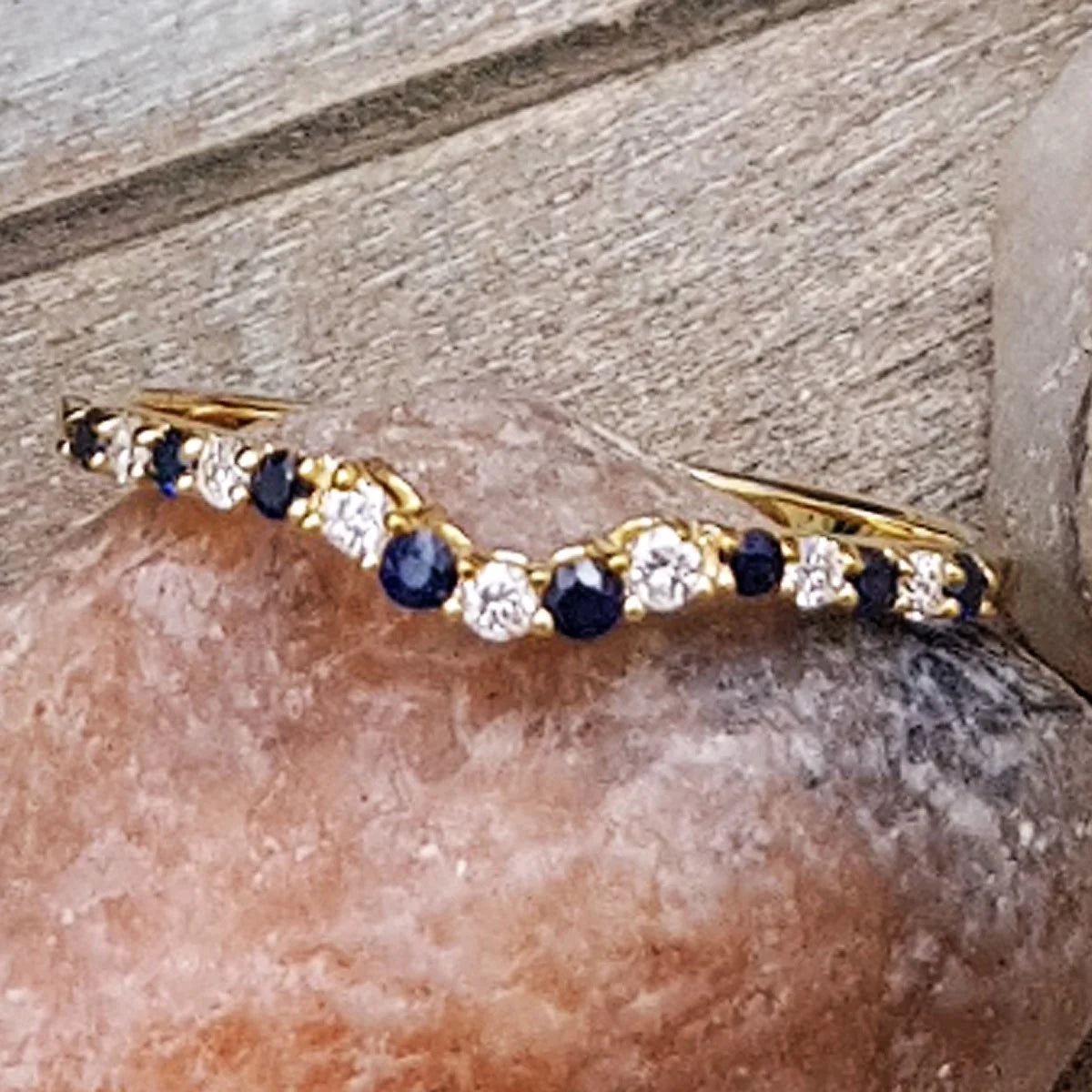 14K Yellow Gold Blue Sapphire White Diamond Contour Wedding Band T738