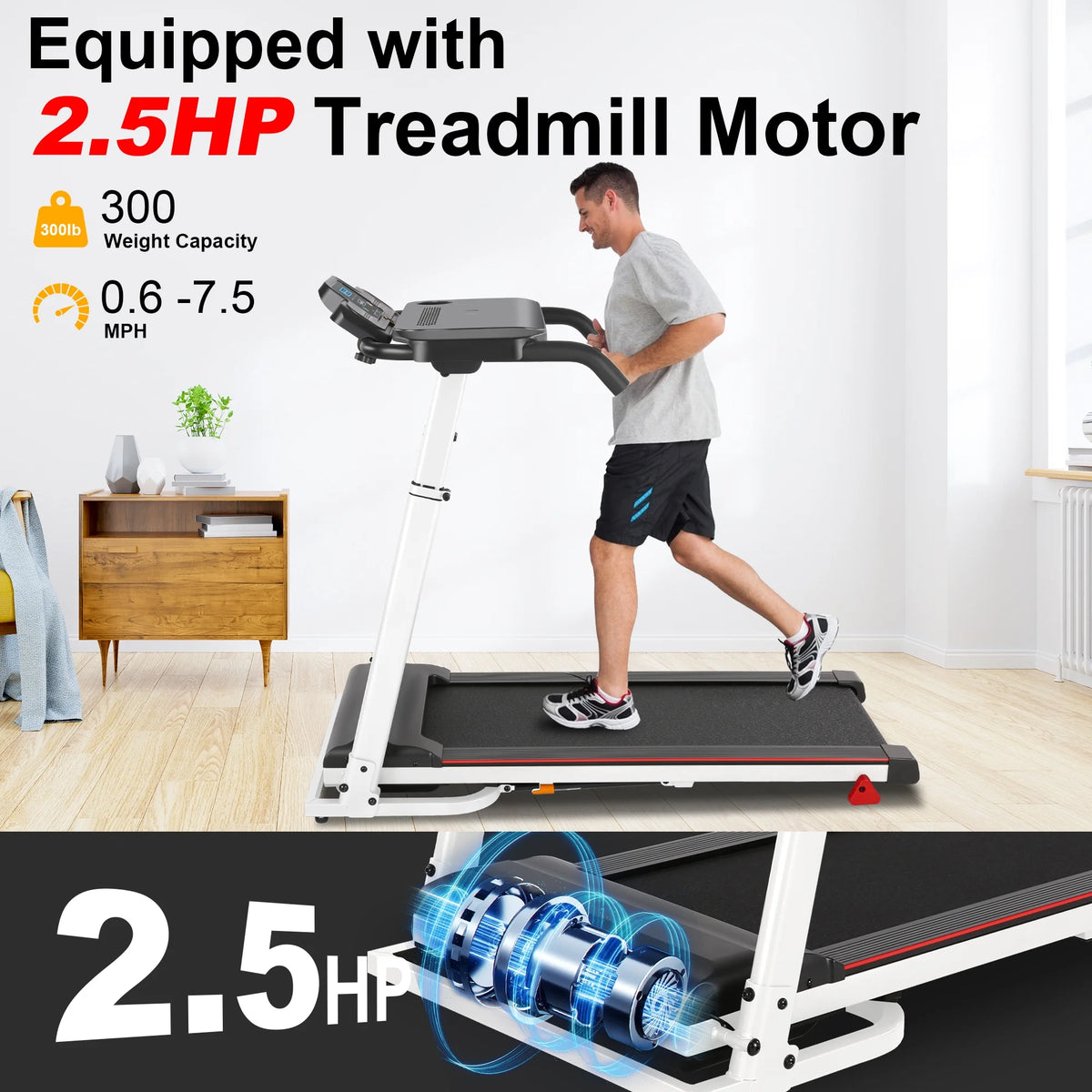 White Folding Treadmill with Incline and 2.5 HP Y598