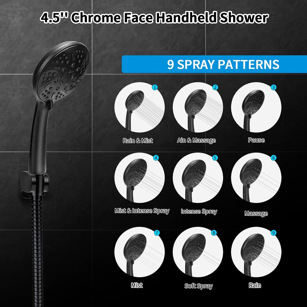 8'' Rainfall Shower Head & 9 Settings Handheld Shower Head with Holder, Hose, Chrome - Matte Black Pack of 2 U29015