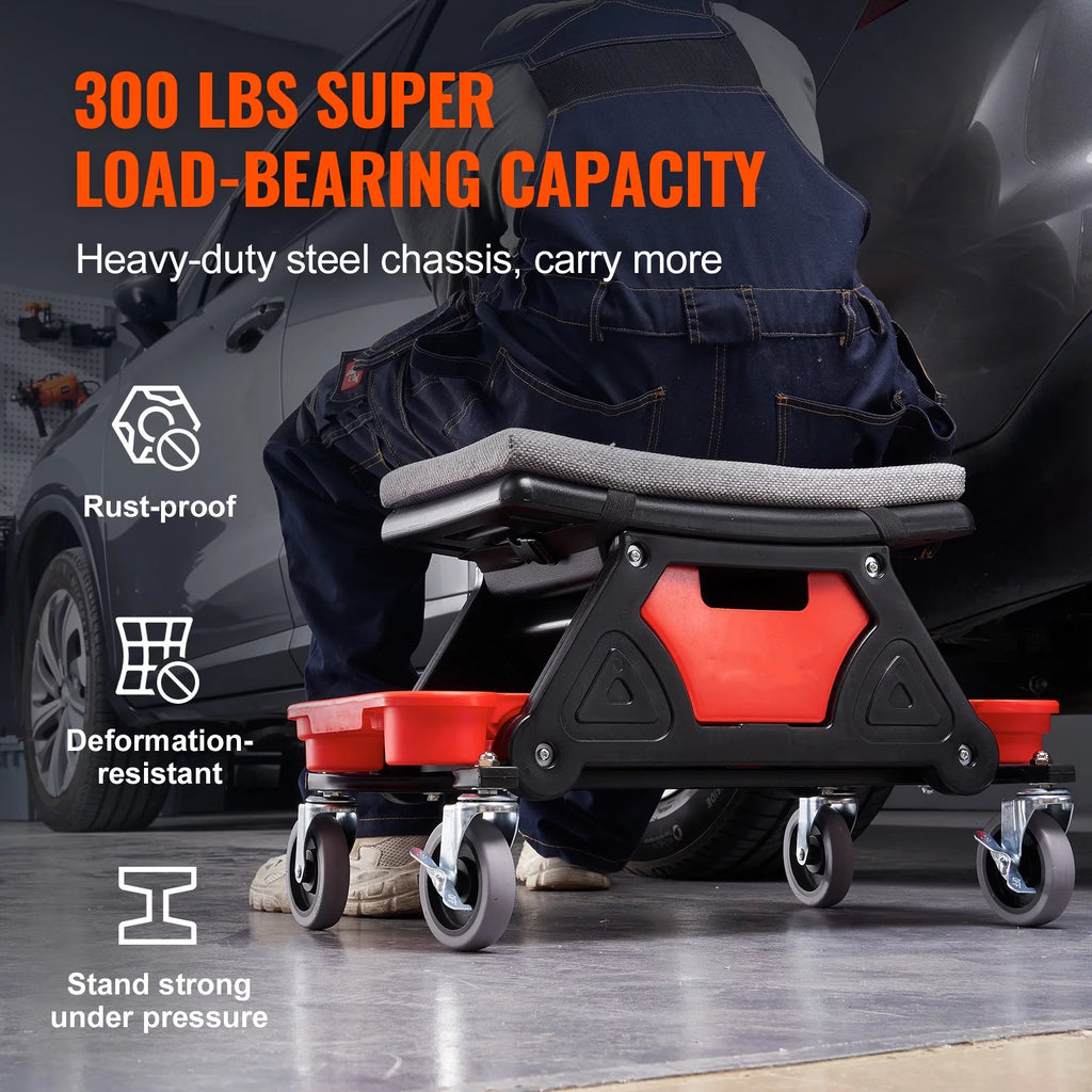 300 lbs Capacity Rolling Mechanic Seat with 4" Wheels and Tool Trays W88172