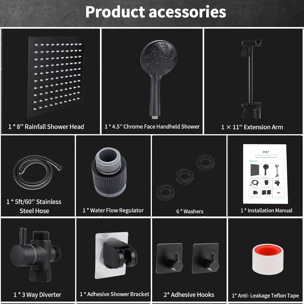 8'' Rainfall Shower Head & 9 Settings Handheld Shower Head with Holder, Hose, Chrome - Matte Black Pack of 2 U29015