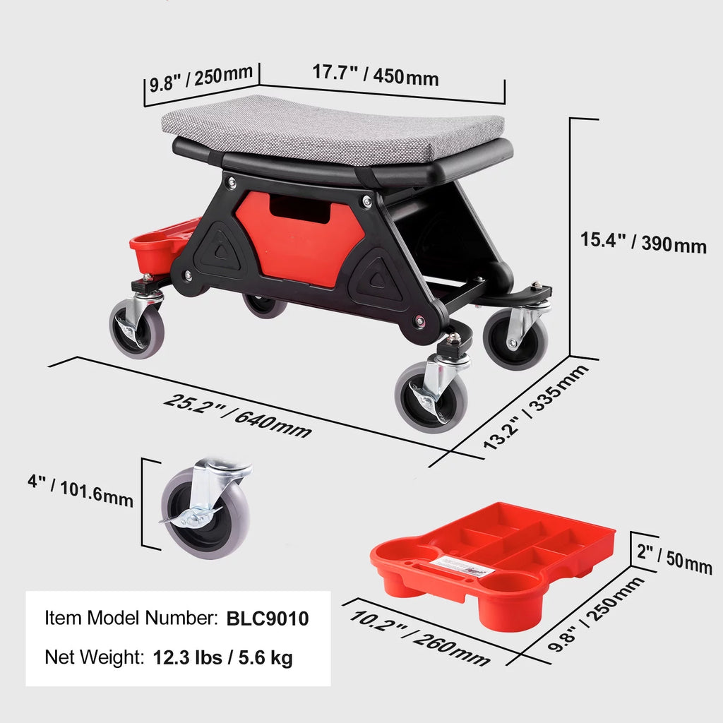 300 lbs Capacity Rolling Mechanic Seat with 4" Wheels and Tool Trays W88172