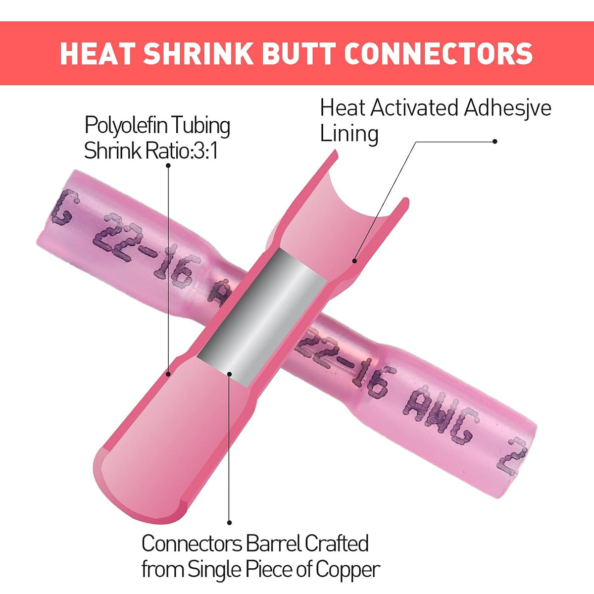 500PCS Butt Connectors Heat Shrink, 22-16 AWG Waterproof Tinned Copper Insulated Crimp Terminals B619