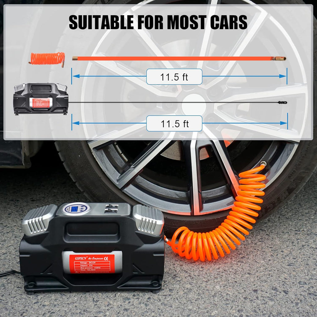 Portable Digital Tire Inflator, Dual Cylinders 12V Air Compressor Pump 150PSI with LED Light and Tire Repair Kit N967