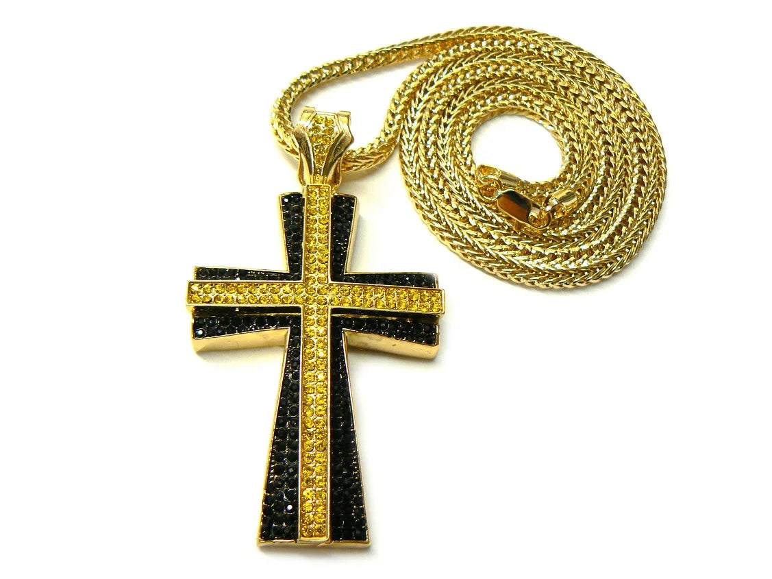 Gold/Black/Yellow Tone Cross Pendant with 36" Franco Chain Y746